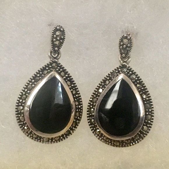 Vintage Onyx Marcasite Sterling Silver Tear Drop Shaped Earrings - Picture 7 of 8